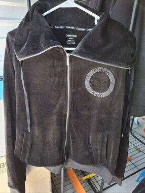 Calvin Klein Black Velour Hoodie with Rhinestone CK Emblem